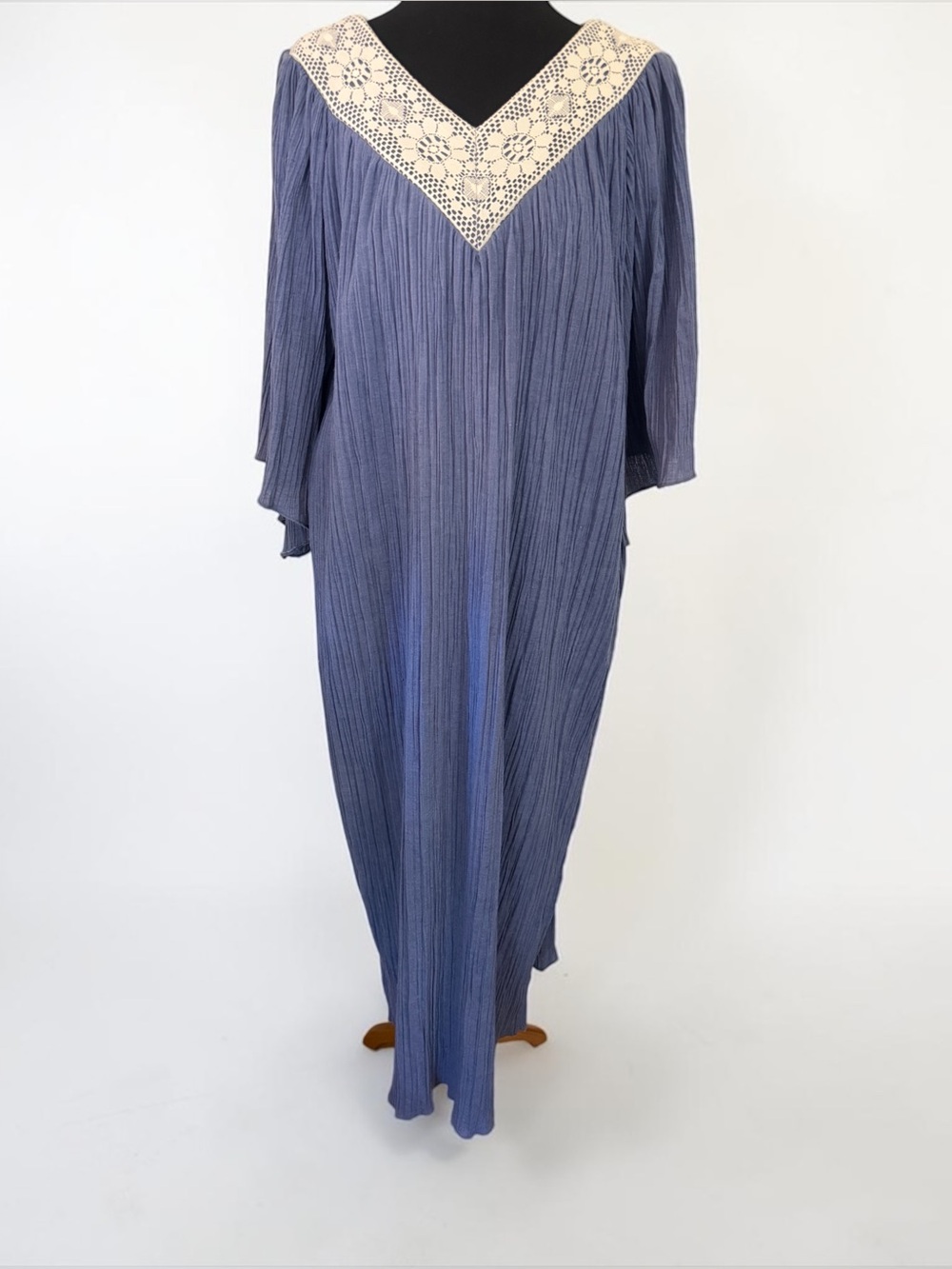 Coco California Vintage 70s Blue Crinkle Gauze Crochet Lace Maxi Dress Boho M/L
